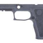 Frame of a semi-automatic pistol with textured grip, trigger guard, and no slide, on a white background
