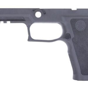 Frame of a semi-automatic pistol with textured grip, trigger guard, and no slide, on a white background