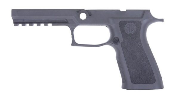 Frame of a semi-automatic pistol with textured grip, trigger guard, and no slide, on a white background