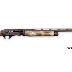 Camouflage-pattern hunting shotgun with a long brown barrel on a white background, with a Sorix Slough logo in the lower right corner.