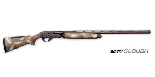 Side view of a camo-pattern hunting shotgun with brown barrel and stock, shown on a white background; 'SORIX SLOUGH' logo visible.