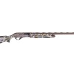 Bolt-action hunting rifle with a desert camouflage stock and a long brown barrel, shown in profile (left side).