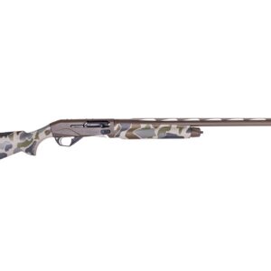 Bolt-action hunting rifle with a desert camouflage stock and a long brown barrel, shown in profile (left side).