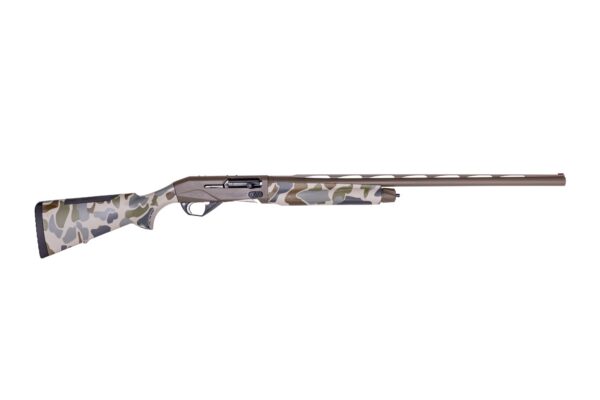 Bolt-action hunting rifle with a desert camouflage stock and a long brown barrel, shown in profile (left side).