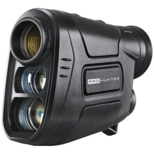 Close-up of a black Pro Hunter monocular with a triple-lens front assembly and textured grip.