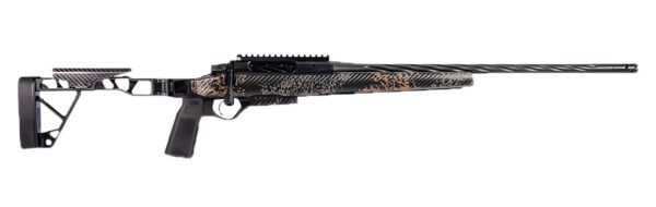 Side view of a camouflaged precision rifle with a skeletonized stock and long barrel.