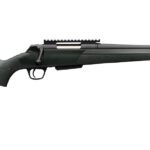 Bolt-action rifle with a green synthetic stock and long barrel, shown in profile.