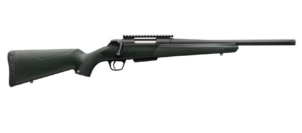 Bolt-action rifle with green synthetic stock and long barrel, shown in profile view with a Picatinny rail on top.