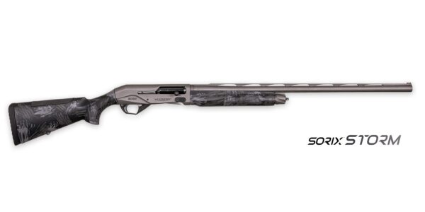 Side view of a camo-pattern bolt-action rifle with a long barrel and textured stock, showing brand markings on the receiver and a bold 'SORIX STORM' logo in the corner.