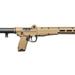 Tan AR-style assault rifle with adjustable stock and long rail handguard in profile view.