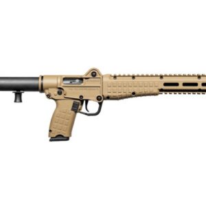 Tan AR-style assault rifle with adjustable stock and long rail handguard in profile view.