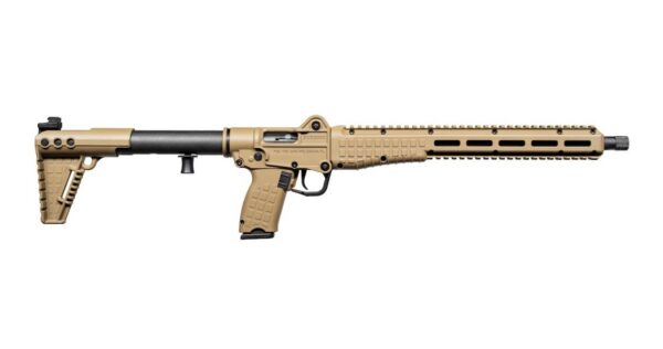 Tan AR-style assault rifle with adjustable stock and long rail handguard in profile view.