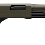 Olive green tactical pump-action shotgun in side view with ribbed forend and stock.