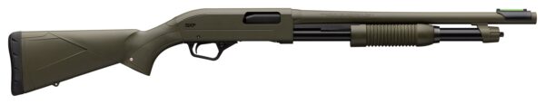 Olive green tactical pump-action shotgun in side view with ribbed forend and stock.