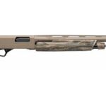 Long-barrel hunting shotgun with desert-tan finish and camo stock, shown in profile against a white background.