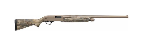 Semi-automatic shotgun with a camo stock and long barrel, shown in profile, on white background, ready for hunting use.