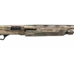 Camouflage-pattern hunting shotgun with a long barrel on a white background, ready for field use.