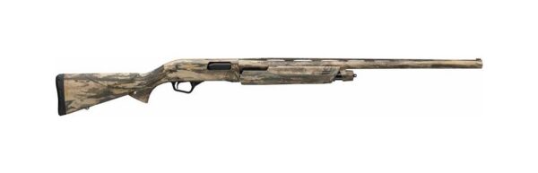 Camouflage-pattern hunting shotgun with a long barrel on a white background, ready for field use.