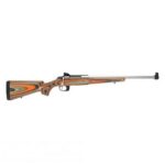 Bolt-action rifle with a polished wood stock and long metallic barrel, oriented to the right.