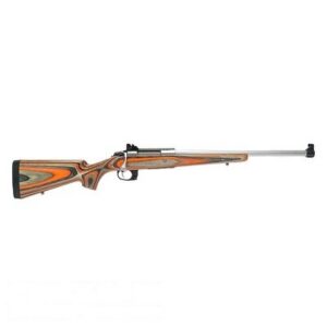 Bolt-action rifle with a polished wood stock and long metallic barrel, oriented to the right.