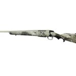 Camouflage-pattern hunting rifle with a long barrel and black recoil pad
