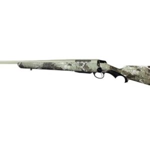 Camouflage-pattern hunting rifle with a long barrel and black recoil pad