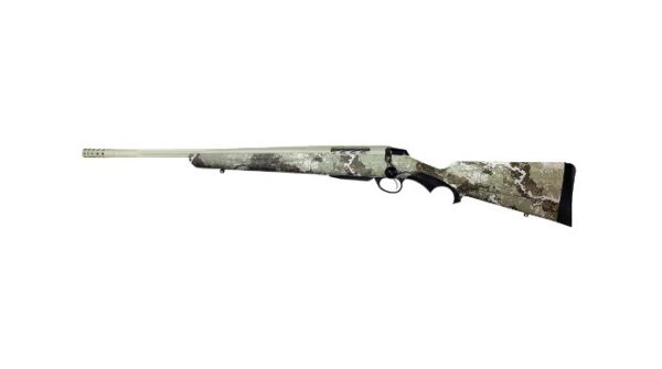 Camouflage-pattern hunting rifle with a long barrel and black recoil pad