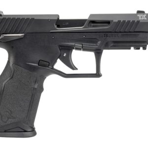 Left-side view of a black Taurus TX semi-automatic pistol with textured grip and threaded barrel