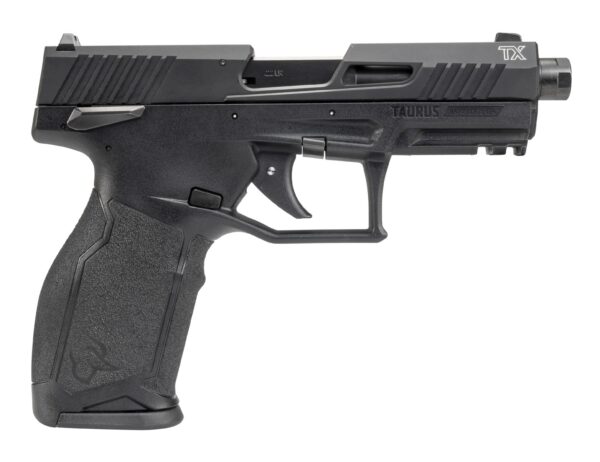 Left-side view of a black Taurus TX semi-automatic pistol with textured grip and threaded barrel