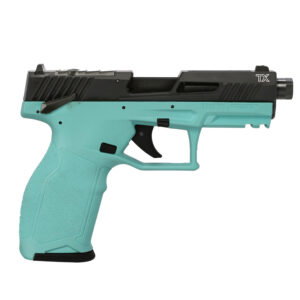 Teal semi-automatic toy pistol with a black slide and textured grip on a white background.