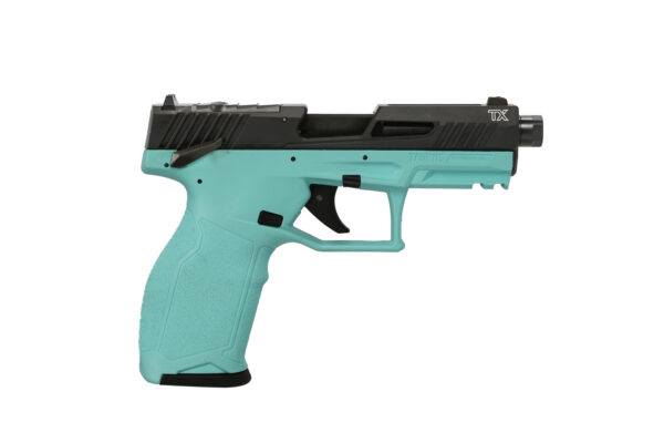 Teal semi-automatic toy pistol with a black slide and textured grip on a white background.