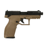 Side view of a tan and black semi-automatic pistol (Taurus TX) with textured grip and polymer frame.