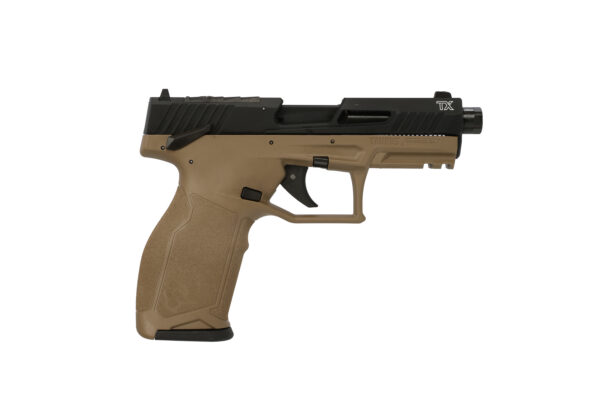 Side view of a tan and black semi-automatic pistol (Taurus TX) with textured grip and polymer frame.