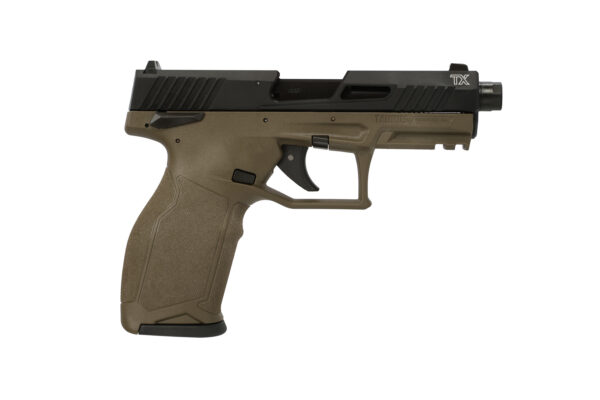 Side view of a Taurus TX handgun with a tan frame and black slide, shown in profile from the left.