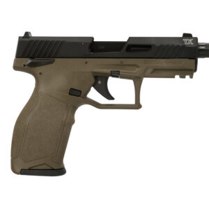 Profile view of a Taurus TX semi-automatic pistol with a black slide and tan frame/grip, facing right.