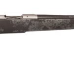Bolt-action rifle with a dark floral-pattern stock and long barrel, shown in profile.