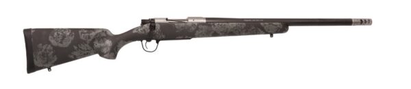 Bolt-action rifle with a dark floral-pattern stock and long barrel, shown in profile.