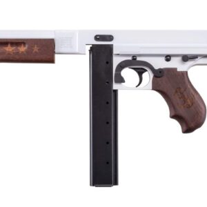 Side view of a white and wood-tone rifle replica with 'NAVY' marking on the receiver.