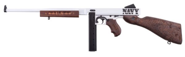 Side view of a white and wood-tone rifle replica with 'NAVY' marking on the receiver.