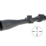 Long black rifle scope with adjustment knobs, photographed against a white background.