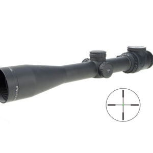 Long black rifle scope with adjustment knobs, photographed against a white background.