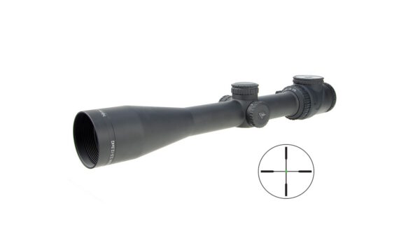 Long black rifle scope with adjustment knobs, photographed against a white background.