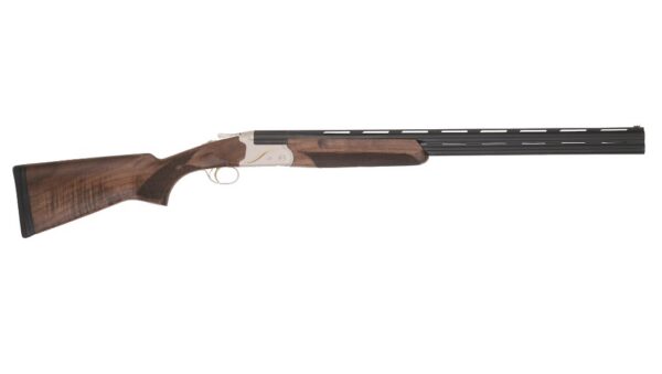 Side view of a long-barreled shotgun with a wooden stock and beige receiver, shown in profile.