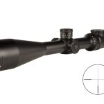 Black riflescope with adjustable turrets and lenses, shown at an angle with a separate crosshair target diagram nearby.