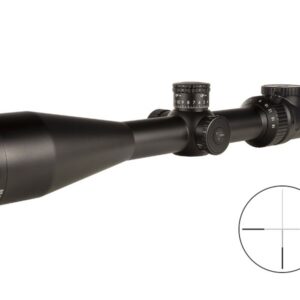 Black riflescope with adjustable turrets and lenses, shown at an angle with a separate crosshair target diagram nearby.