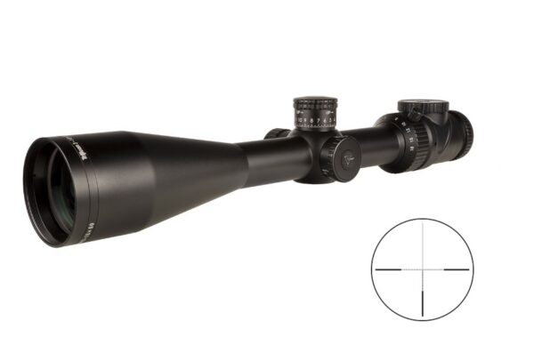 Black riflescope with adjustable turrets and lenses, shown at an angle with a separate crosshair target diagram nearby.