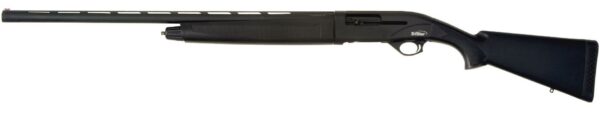 TriStar pump-action shotgun with a long vented-barrel and black synthetic stock and forend.