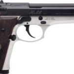 Side view of a semi-automatic pistol with a black slide, silver frame, and brown textured grip.