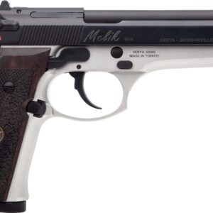 Side view of a semi-automatic pistol with a black slide, silver frame, and brown textured grip.