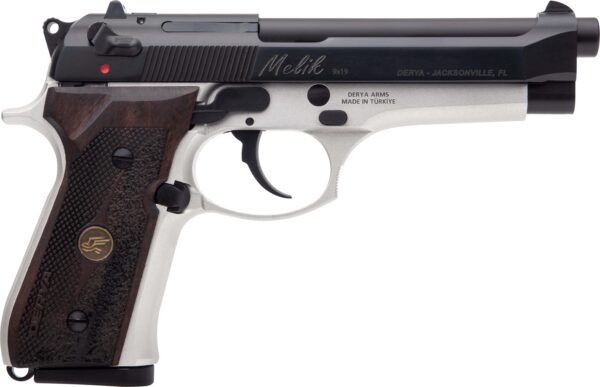 Side view of a semi-automatic pistol with a black slide, silver frame, and brown textured grip.